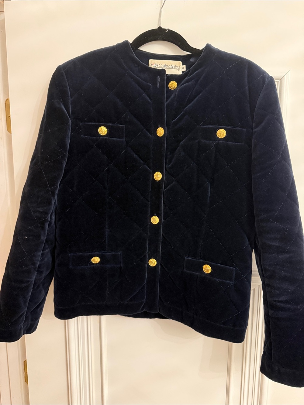 Quilted Velvet Jacket with Gold Buttons - Navy